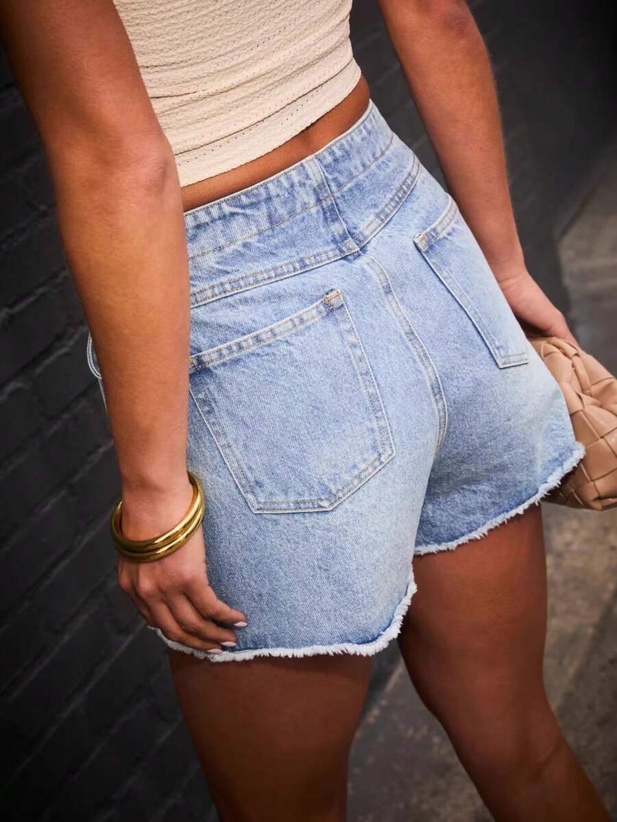 Shorts Denim Frayed - Womens Summer Retro Casual Distressed Denim