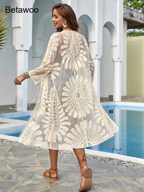 Women White Boho Floral Hollow - Kimono Sheer Floral incelemesi ve fiyatı