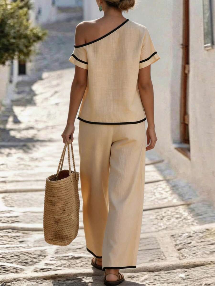Womens Beige Asymmetric Top An - Linen Pant Wide incelemesi ve fiyatı