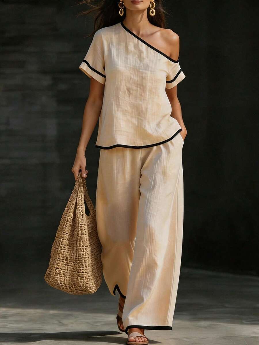 Womens Beige Asymmetric Top An - Linen Pant Wide incelemesi ve fiyatı