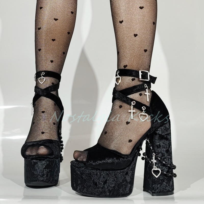 Gothic Black Velvet Platform H - Sandal Strappy Heeled incelemesi ve fiyatı