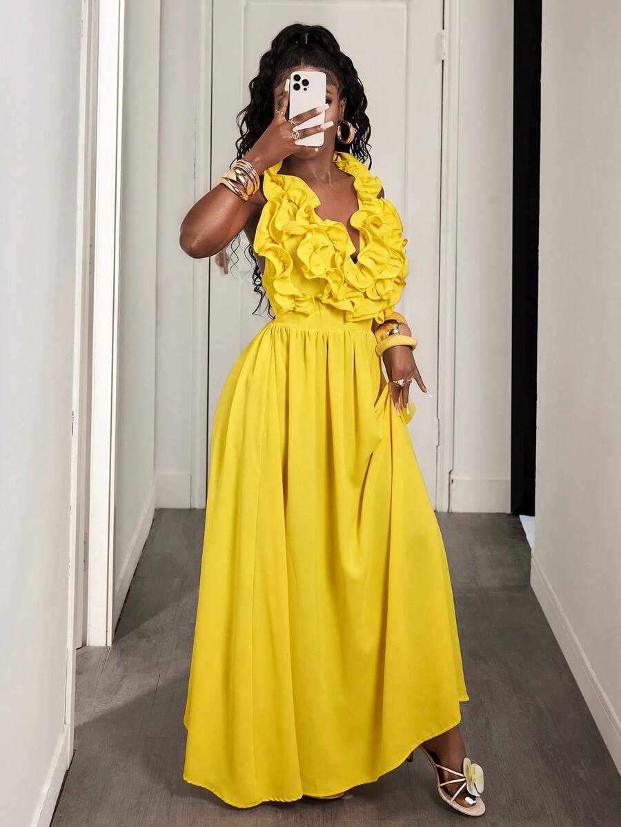 Yellow Deep V-Neck Ruffle Halt - Maxi Dress Halter incelemesi ve fiyatı