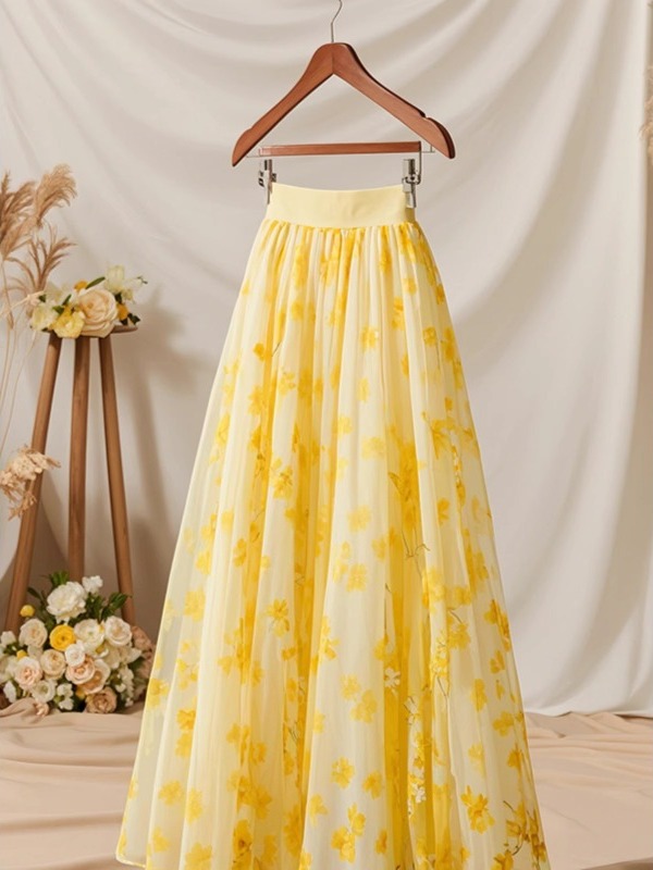 Summer 2026 High Waist Yellow  - Midi Skirt Floral incelemesi ve fiyatı
