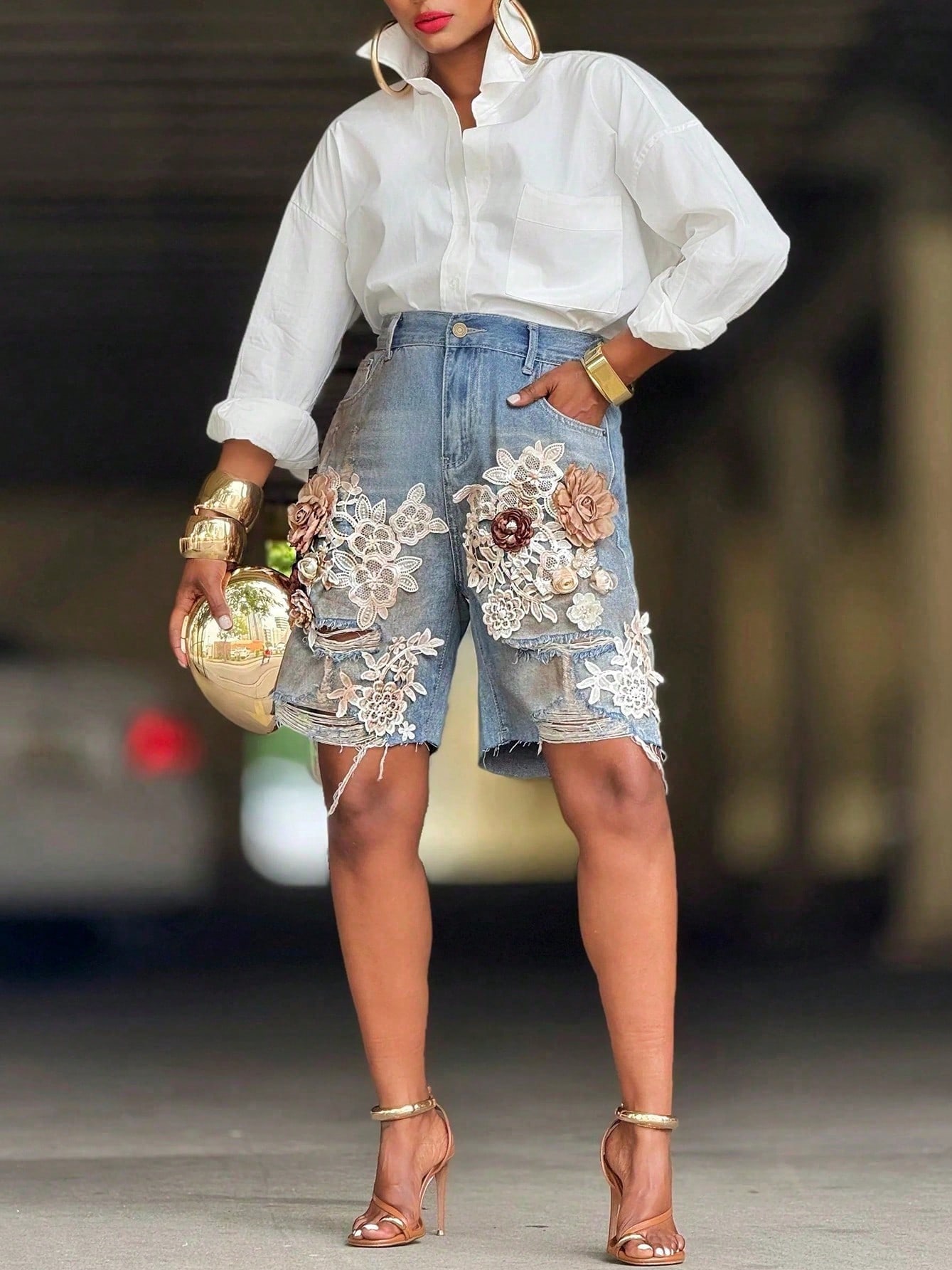 GLOURI Women 3D Floral Appliqu - Shorts Denim Frayed incelemesi ve fiyatı