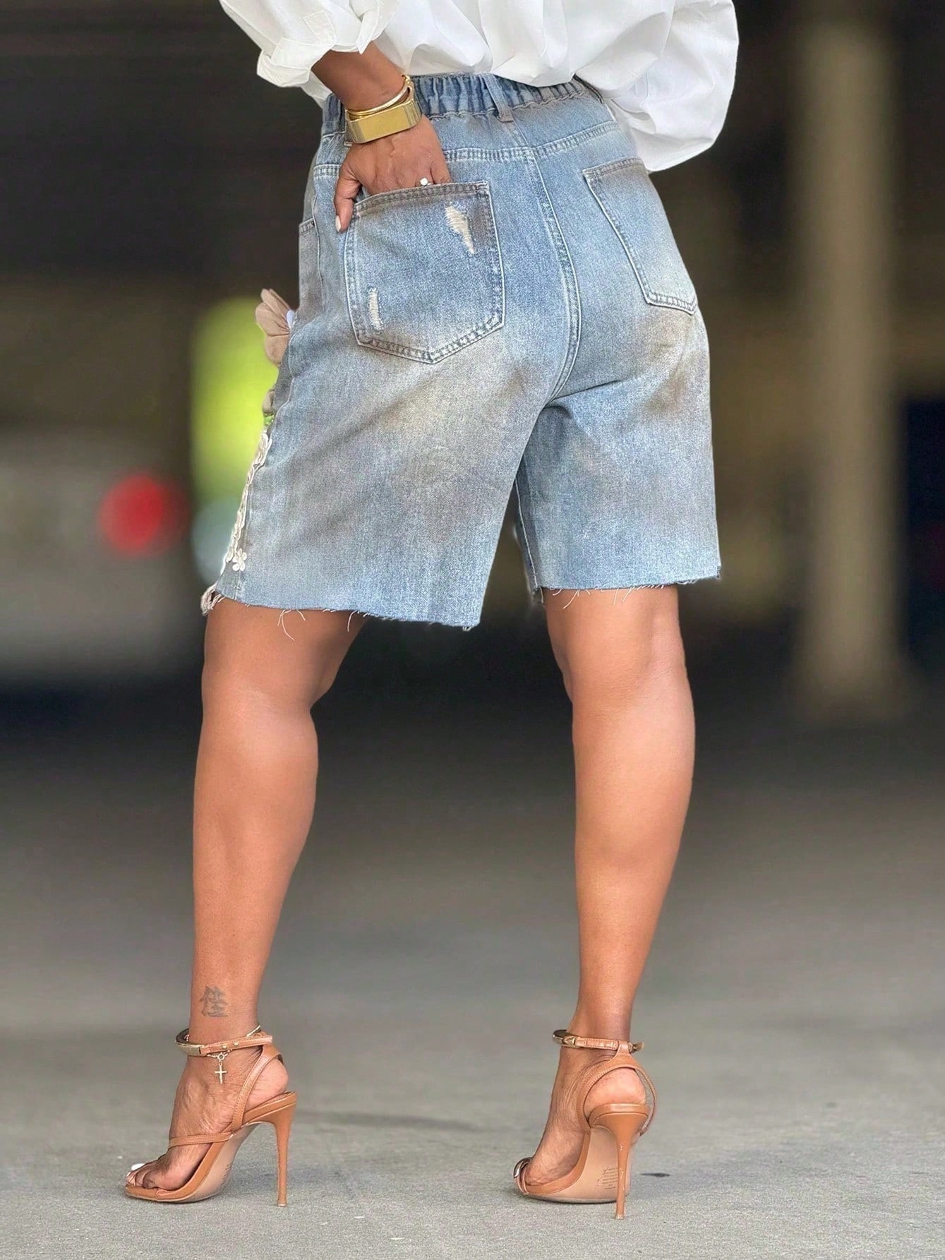 GLOURI Women 3D Floral Appliqu - Shorts Denim Frayed incelemesi ve fiyatı