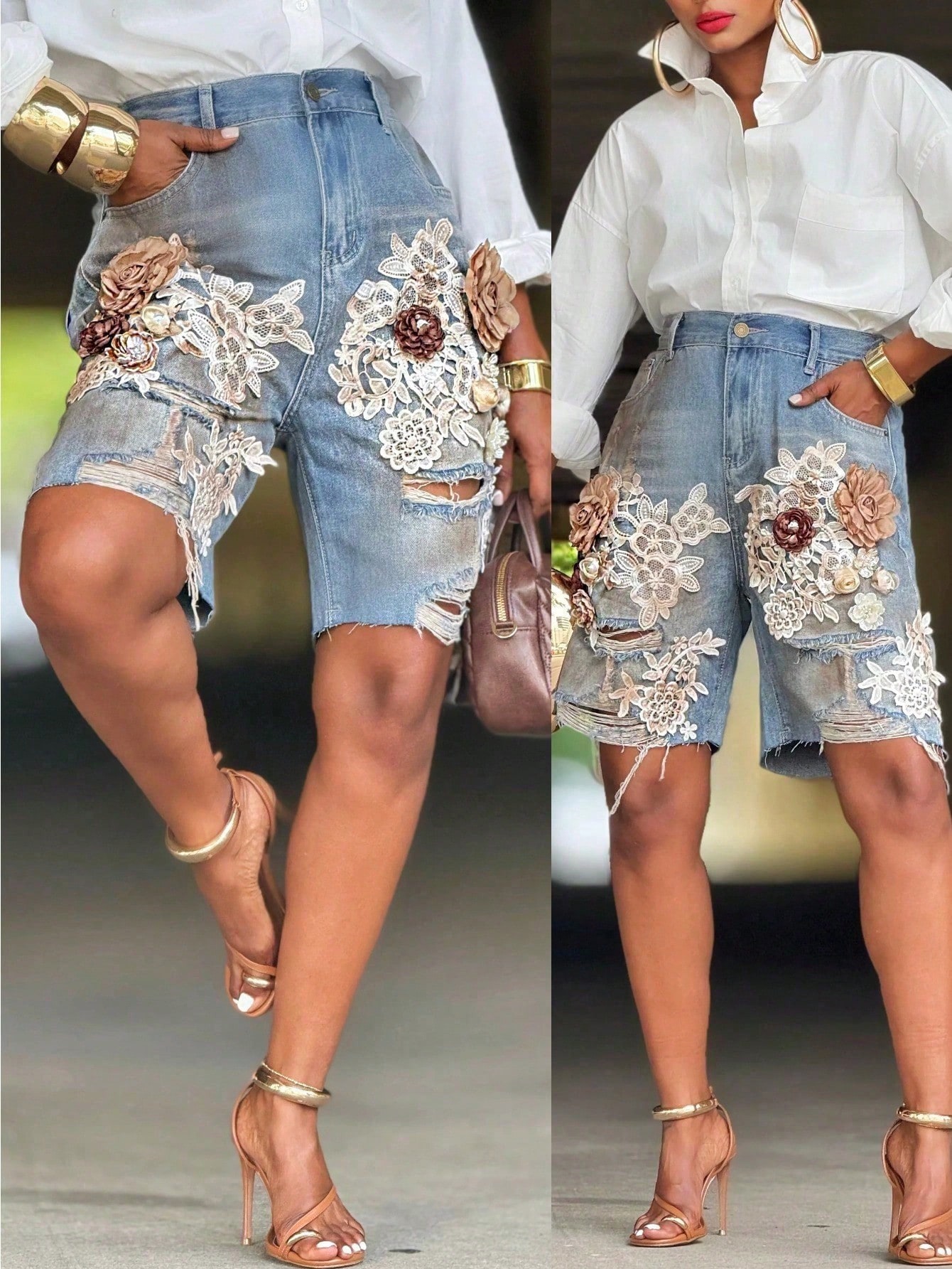 GLOURI Women 3D Floral Appliqu - Shorts Denim Frayed incelemesi ve fiyatı
