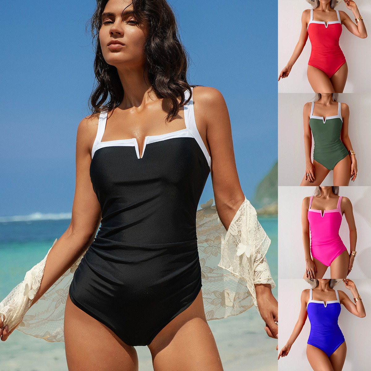 Black Swimsuit V Neck Red Biki - Swimsuit Bikini Ruched incelemesi ve fiyatı