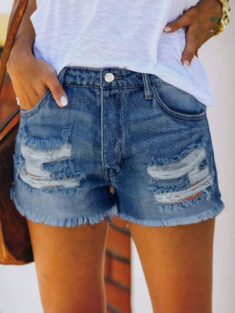 Mid Waist Washed Denim Shorts  - Shorts Denim Frayed incelemesi ve fiyatı