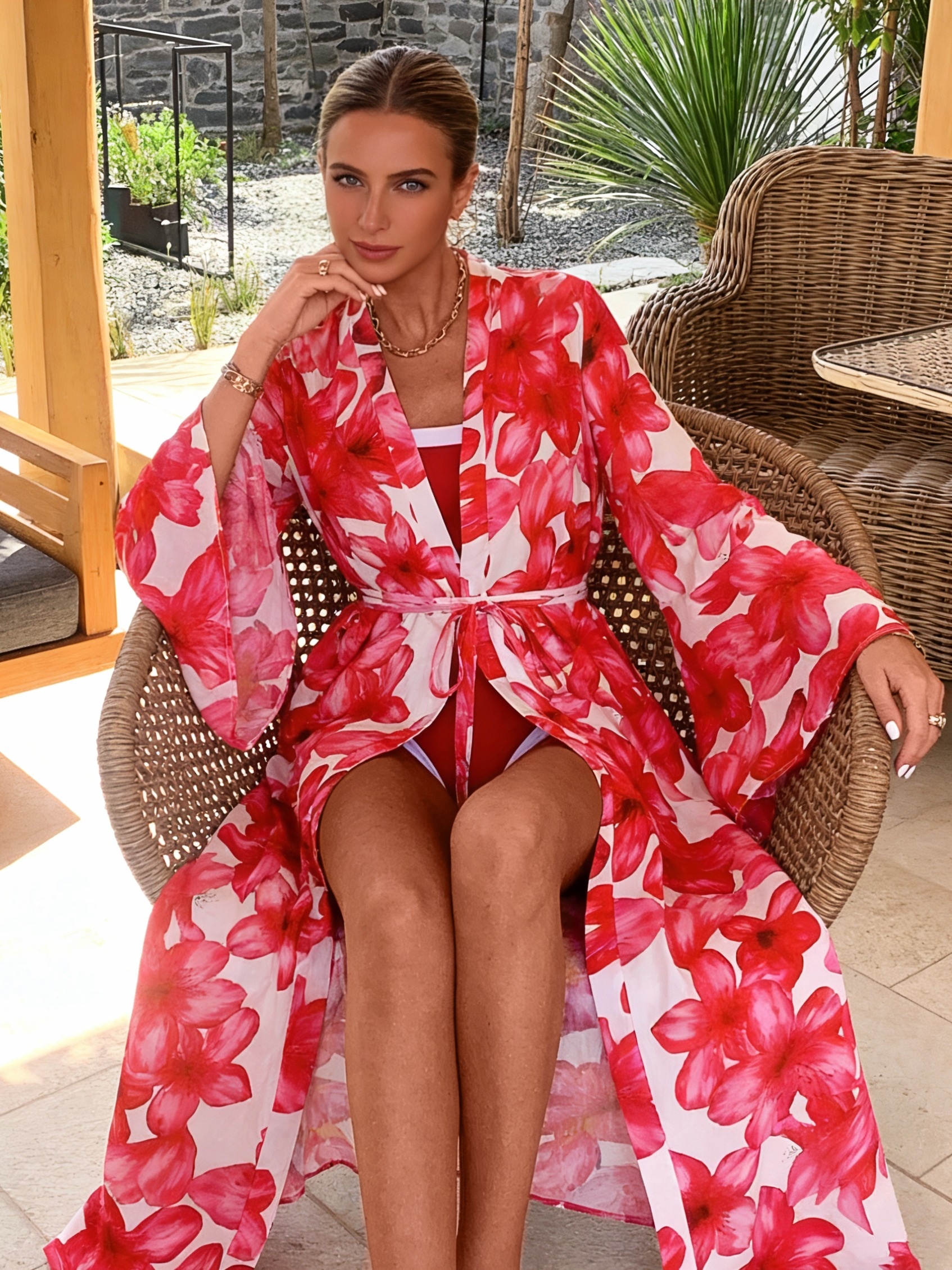 Women's Red Floral Kimono Robe - Kimono Sheer Floral incelemesi ve fiyatı