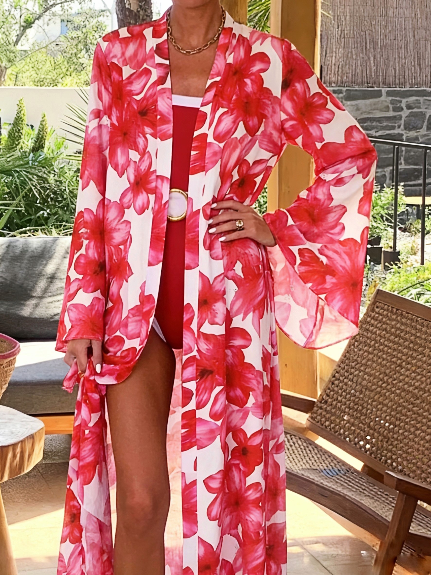 Women's Red Floral Kimono Robe - Kimono Sheer Floral incelemesi ve fiyatı