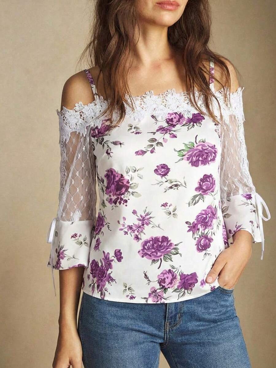 Purple Floral Print Off Should - Blouse Off Shoulder incelemesi ve fiyatı